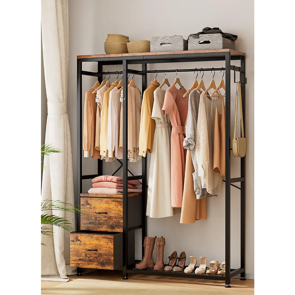 

Clothes Rack, Heavy Duty Garment Rack for Hanging Clothes, Industrial Clothing Racks with Shelves, 2 Fabric Drawers, 4 Hooks