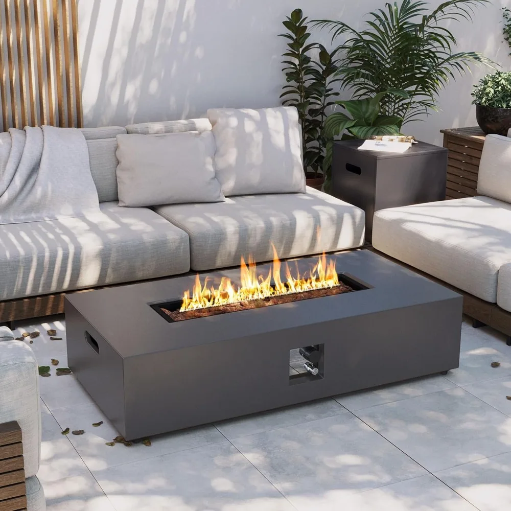 

56-inch Outdoor Propane Gas Fire Pit Table 50000 BTU Iron Rectangle FirePit for Outside Patio with Tank Hidden Table, Removable