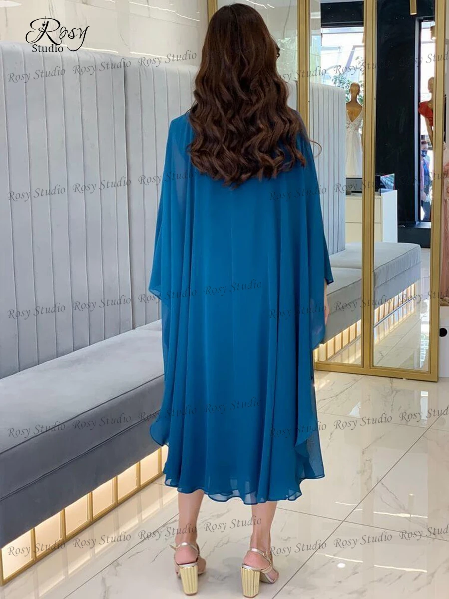 Simple V-neck Blue Mother of the Bride Dresses A-line Chiffon Party Gown for Mom Tea Length Plus Size Evening Dress with Belt