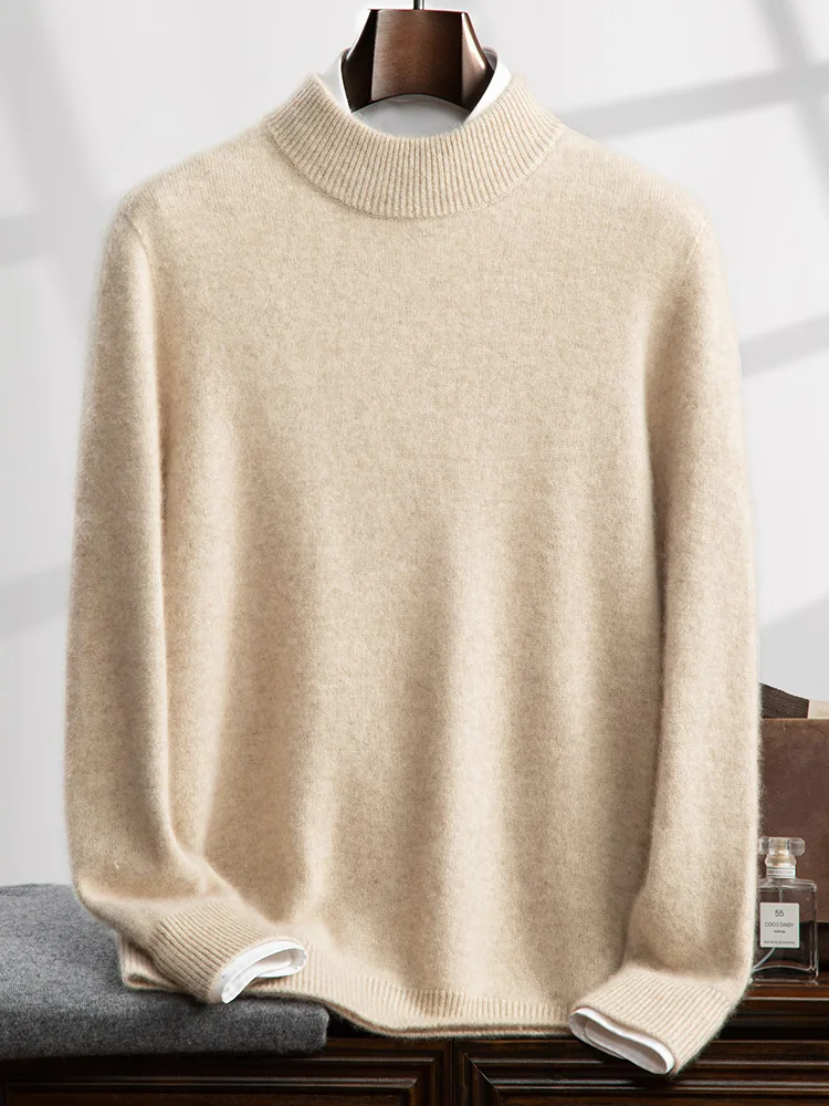 

High-end Men's 100% Goat Cashmere Sweater Autumn Winter Mock Neck Long Sleeve Pullover Smart Casual Thick Warm Cashmere Knitwear