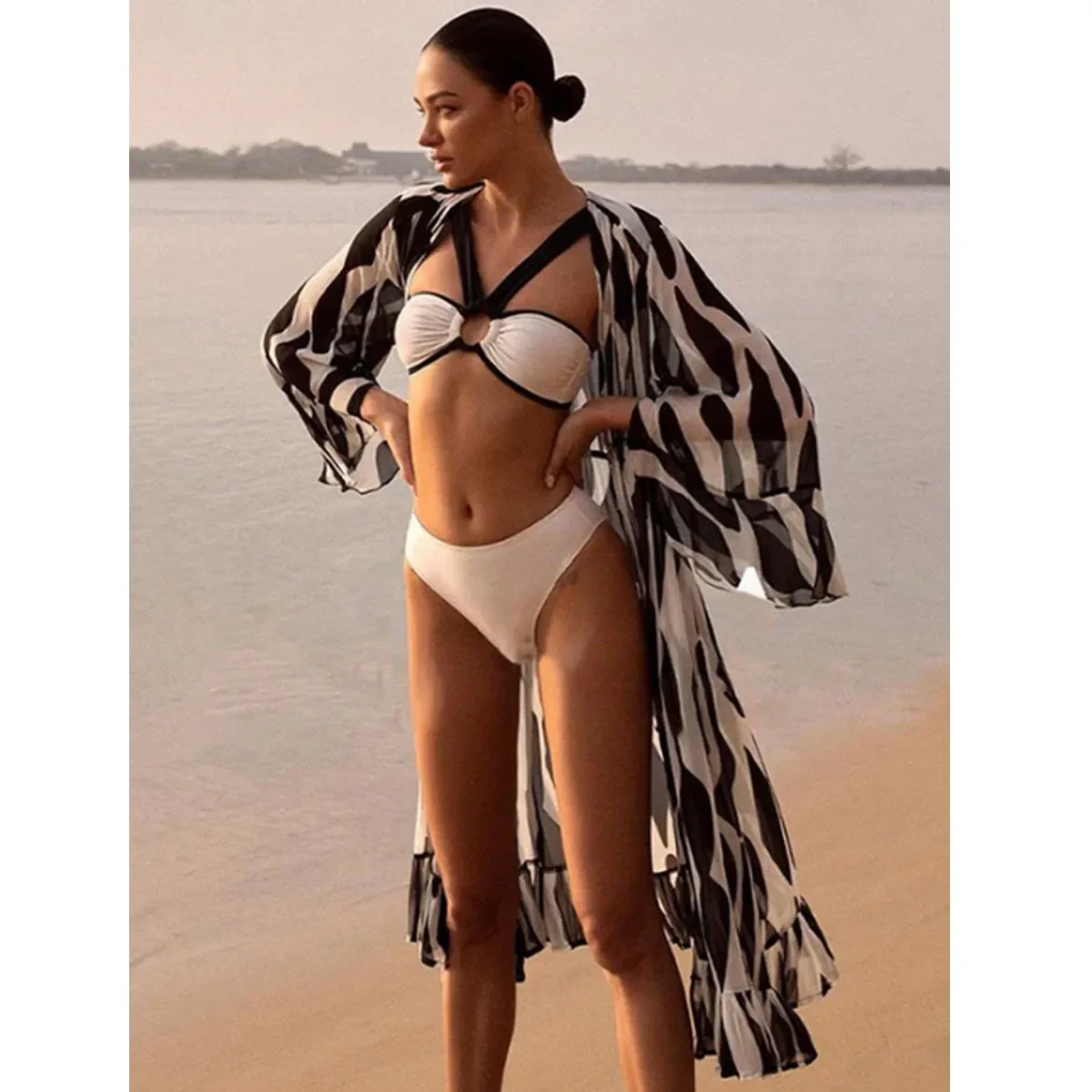 Bikini da donna bianchi Trend 2024 Moda Split 3 pezzi Costumi da bagno donna Costumi da bagno dimagranti a vita alta con camicia a maniche lunghe