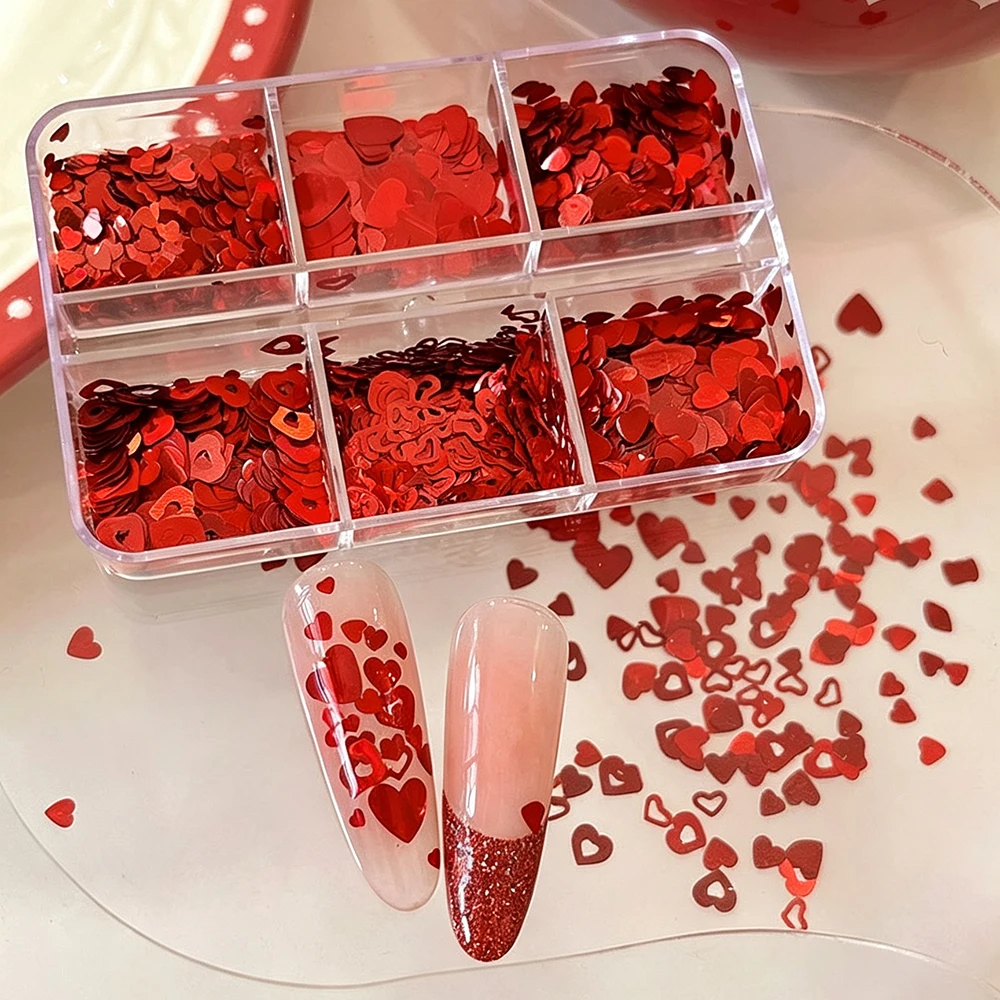 6/12Grids Red Love-Heart Nail Glitter Sequins Hollow Out Heart Nails Flakes for Valentine's Day Manicure Love Paillettes Decor P
