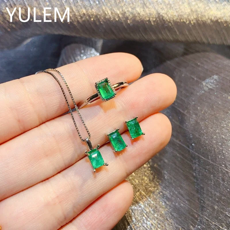 YULEM Silver 925 Natural Rectangle Emerald 4x6mm Ring and Earring and Pendant for Women Daily Wear