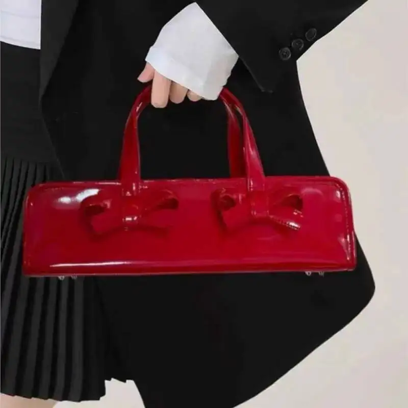 Bloom Retro Bow Red Y2k Hand Purse Women Hot Girls Leather Zipper Shoulder Bags Ladies Fairy Core Aesthetic Underarm Bag