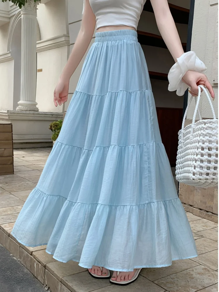 

SMTHMA New Summer Solid Slimming Mid-Length Skirt Women's Elastic High Waist Big Swing A-line Gauze Long Skirt