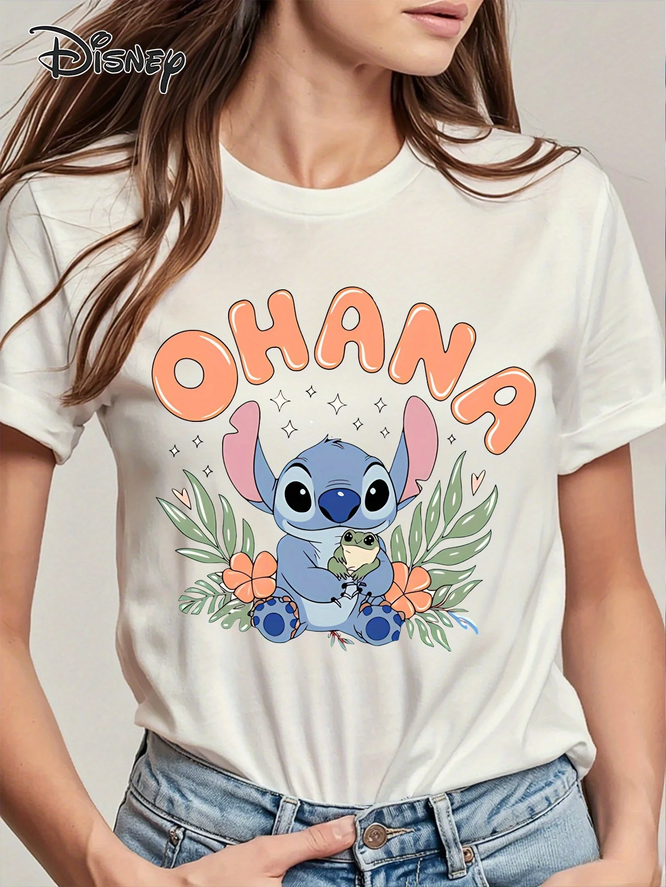 

2025 Disney Pattern Printed Women's Casual Comfortable Unique Smiling Face Black Round Neck Short Sleeve T-shirt