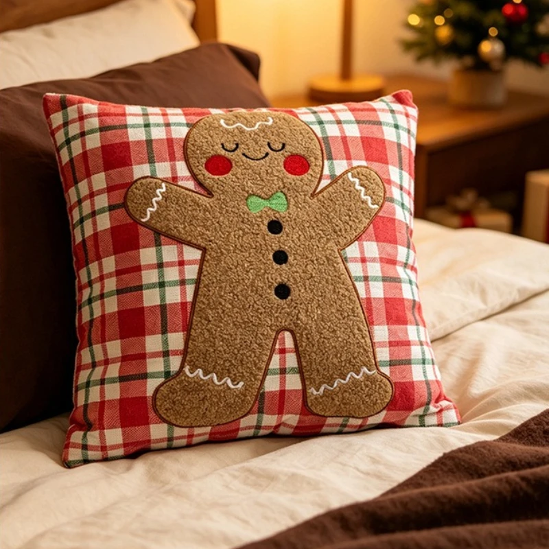 Xmas Party Cushion Cover Christmas Embroidered Throw Pillow Case Festive Home Decor Linen Cotton Cushion Case for Sofa Bed Gift