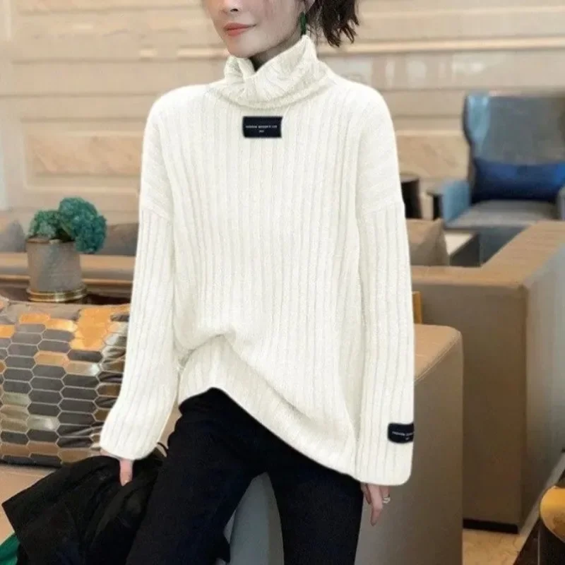 Autumn and Winter Women's Solid Color High Neck Sweater 2023 Loose Fit Mid Length Elastic Elegant Knitwear Tops Female Clothing