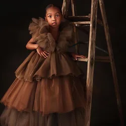 Modern Brown Ruffled Tulle Dress Kids Extra Puffy Tiered Ruffles Long Floor Length Girls Tulle Party Gowns Photography 2022