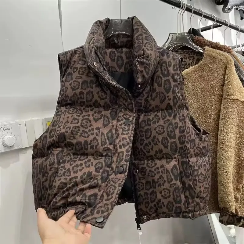 New Fashion Quilted Leopard Print Vest Women Short Leopard Print Stand-up Collar Waistcoat Cotton Sleeveless Warm Jacket