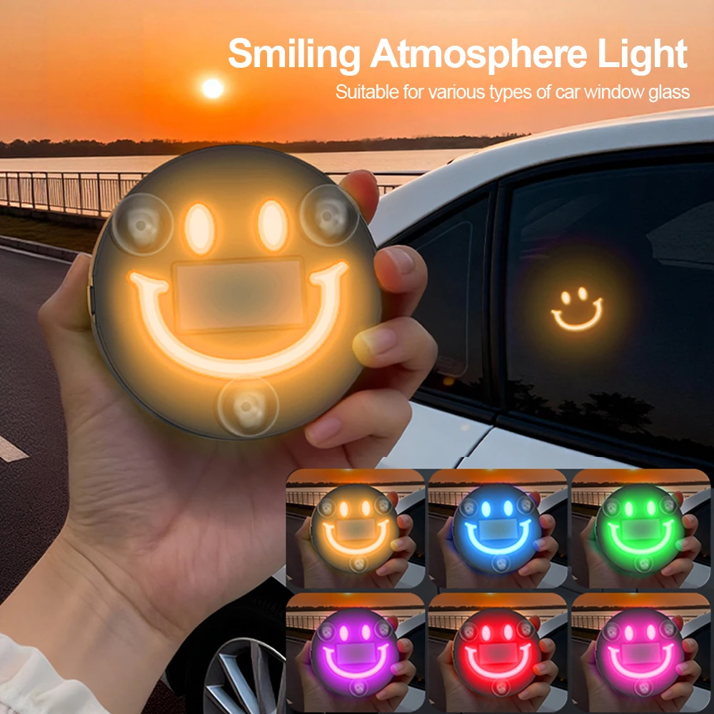 Car Wireless Solar-Powered Smile Face Triangle Window Color-Changing Neon Atmosphere LED Lights Interior Car Decor Accessories