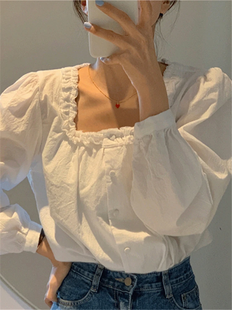 女性用シングルブレストブラウス,スクエアカラー,パフスリーブ,ヴィンテージシャツ,無地トップス,ファッショナブル,春と夏に最適,2021コレクション