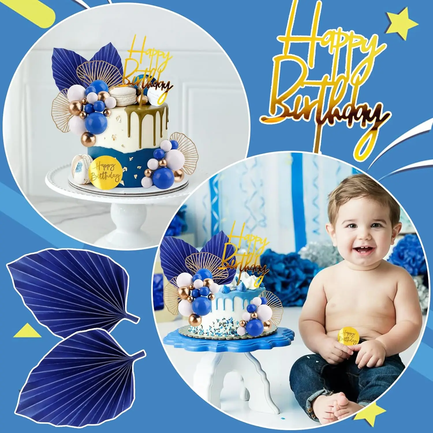 Kuchendeckel aus Weißgold mit goldenen Palmblättern, Boho-Geburtstagskuchen-Dekoration, Ballon-Kucheneinsatz für Geburtstag, Hochzeit, Party – Detail 11
