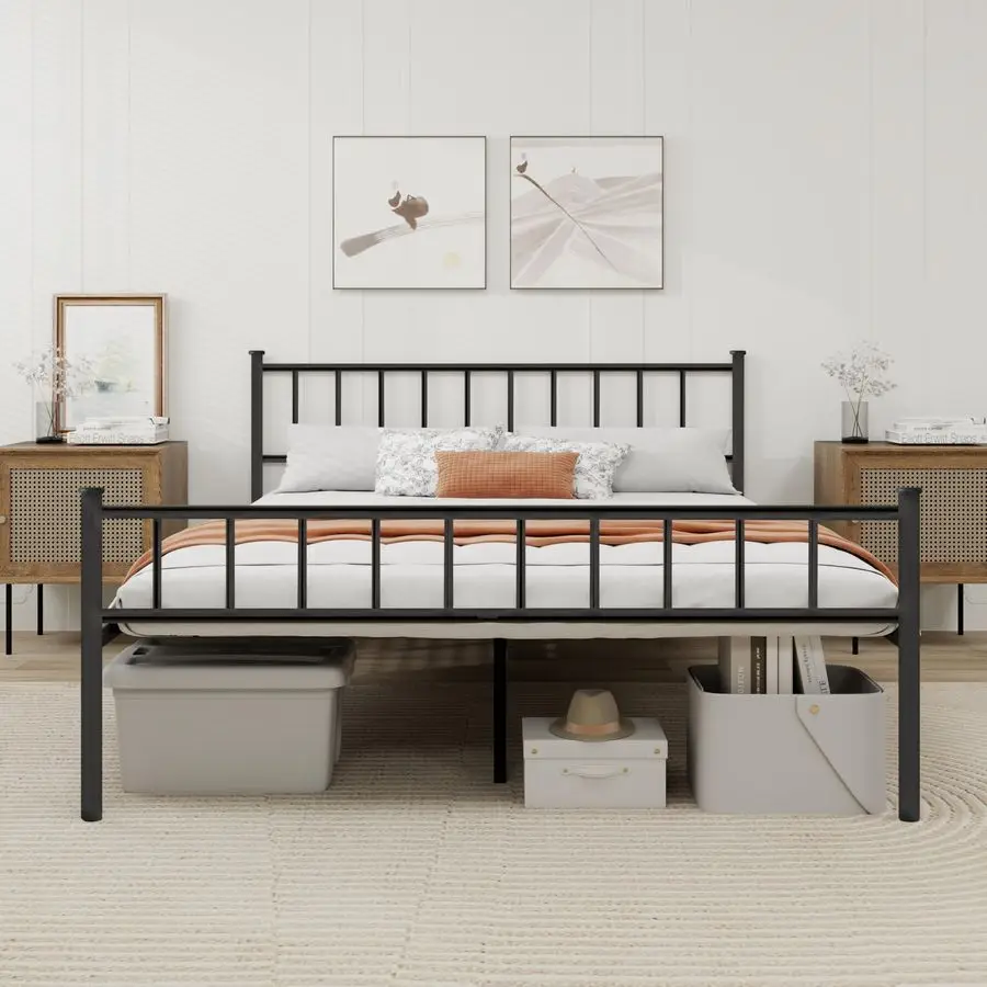 Platform Queen Bed Frame with Headboard Sturdy Steel Slats Support No Box Spring Needed Easy Assembly Black