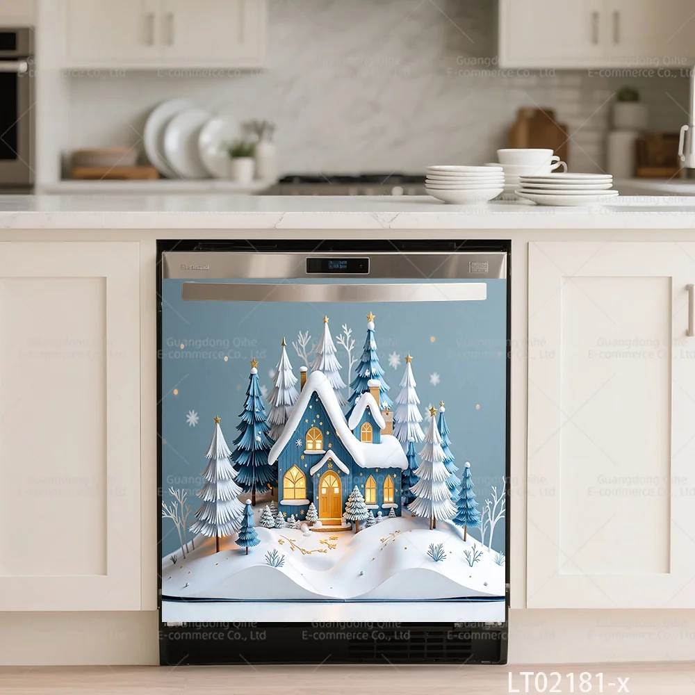 Snowman Winter Scene Dishwasher Stickers Self-Adhesive Waterproof Decals for Christmas Kitchen Decor Xmas Tree/Snowflake Designs