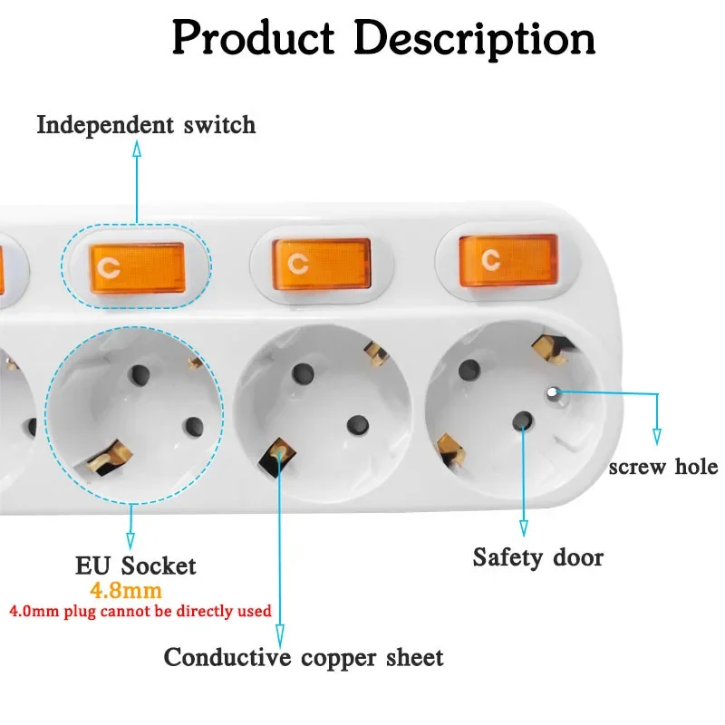 Extension Socket EU Plug 16A 250V 3/4/5/6Ways German Outlet Switch Surge Protector Europe Power Strip 2.5Meter Cord