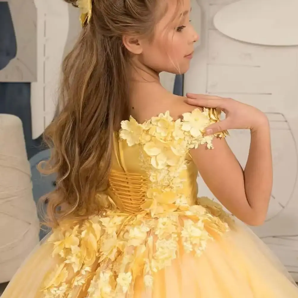 Luxury Yellow Flower Girl Dresses For Wedding Lace  Applique Puffy Floor Lenght Custom Girls Birthday First Communion Gown