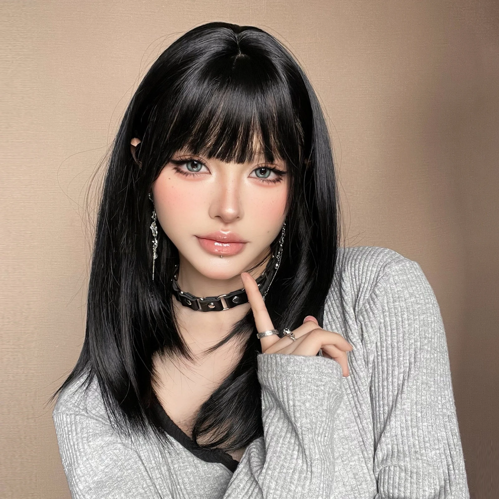 ALAN EATON Black Straight Synthetic Wigs with Bangs Medium Length Natural Black Wig for Asian Girls Women Daily Heat Resistant