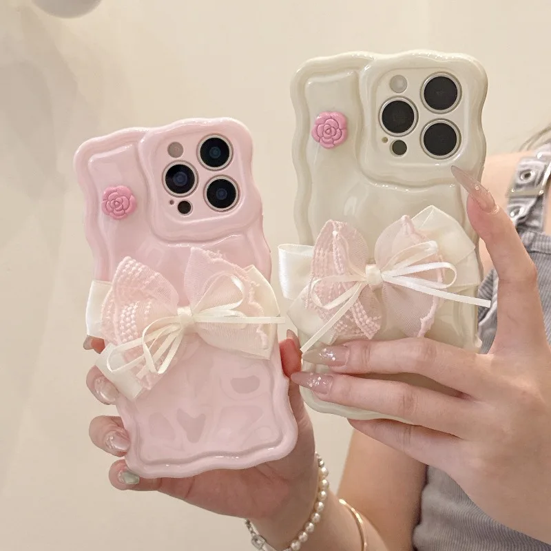 

New Korean INS Sweet Girl Lace Bow Wave Shape Phone Case For iPhone 17 16 15 14 13 12 Pro Max Plus Plain Protective Cover