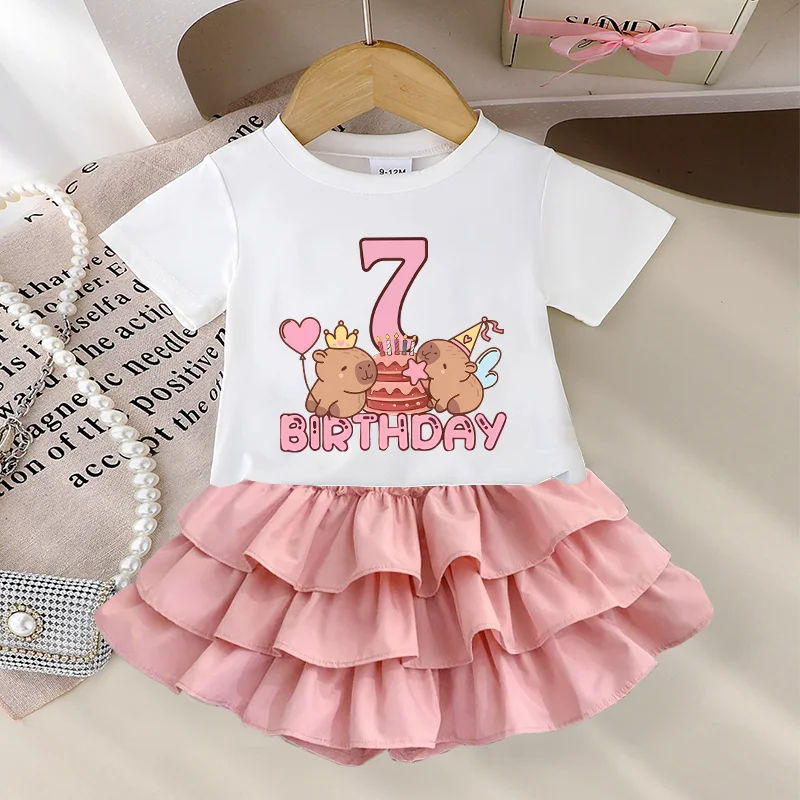 Capybara Girl Clothes Set Pleated Skirt Birthday Number T Shirt 2pcs Toddler Short Sleeve Tops Outfits Kids Clothing Dress Gift