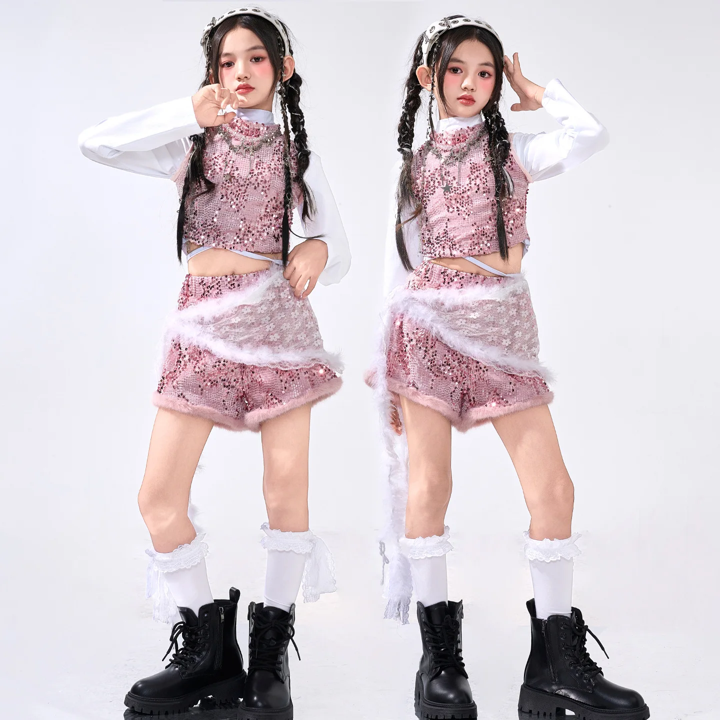 Girls K‑pop Hip Hop Dance Pink Sequin Crop Top Shiny Shorts Girl Group Jazz Stage Costume Children 2Pcs Streetwear Clothes Set