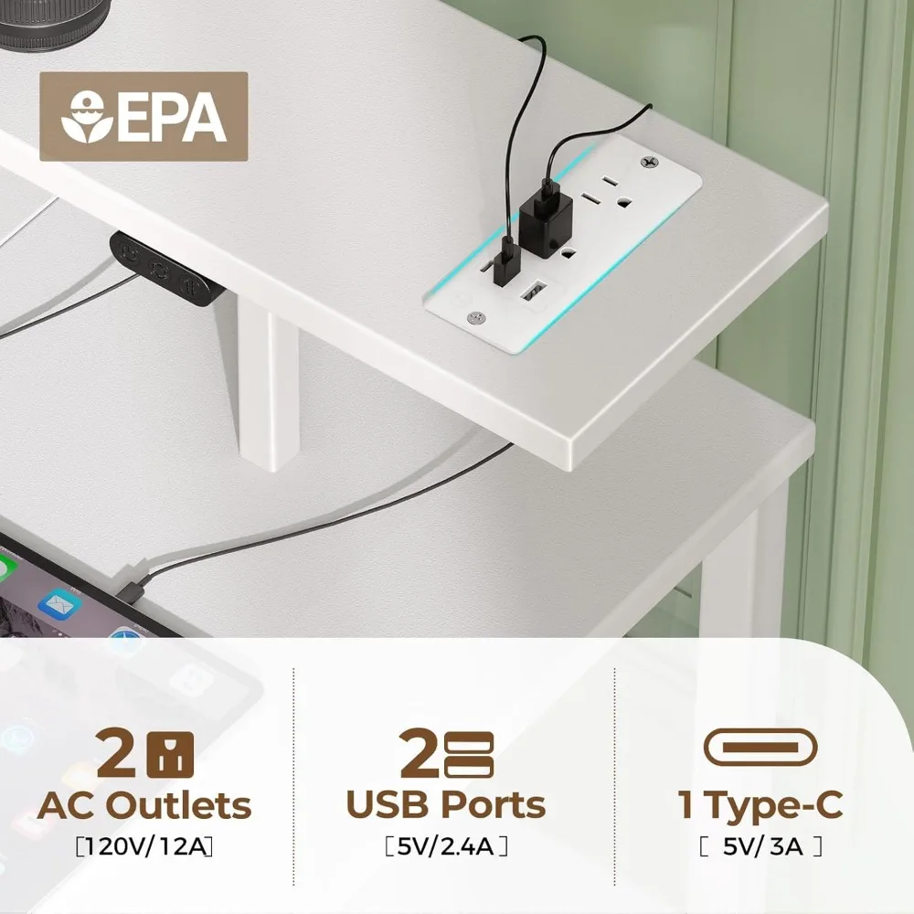 Mesa para jogos com gavetas, mesa em forma de L de 47,2 polegadas com prateleiras de armazenamento e luzes LED e tomadas de energia