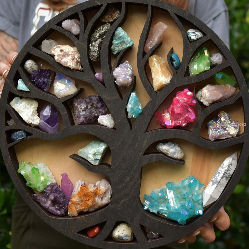 Crystal Stone Display Rack Crystal Holder Tree Of Life Racks For Meditation Yoga Round Wood Floating Wall Shelves Crystal Holder