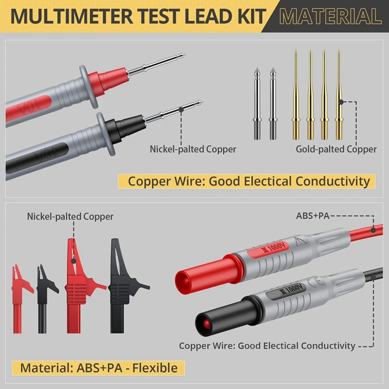 Kit de cables de prueba múltiples, multímetro eléctrico, cable de prueba con pinzas de cocodrilo, sonda de prueba, conector Banana de resorte