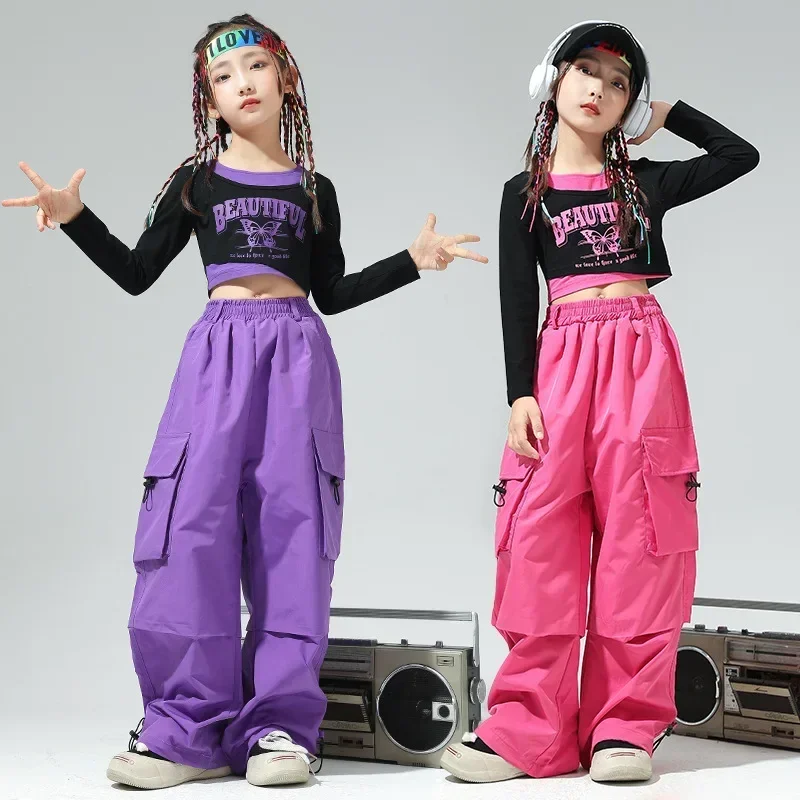 Fashion Suits Girl\'s Jazz Children\'s Street Dance Performance Hip-hop Clothes Color Matching Cool Wide Leg Pants Drop Shipping