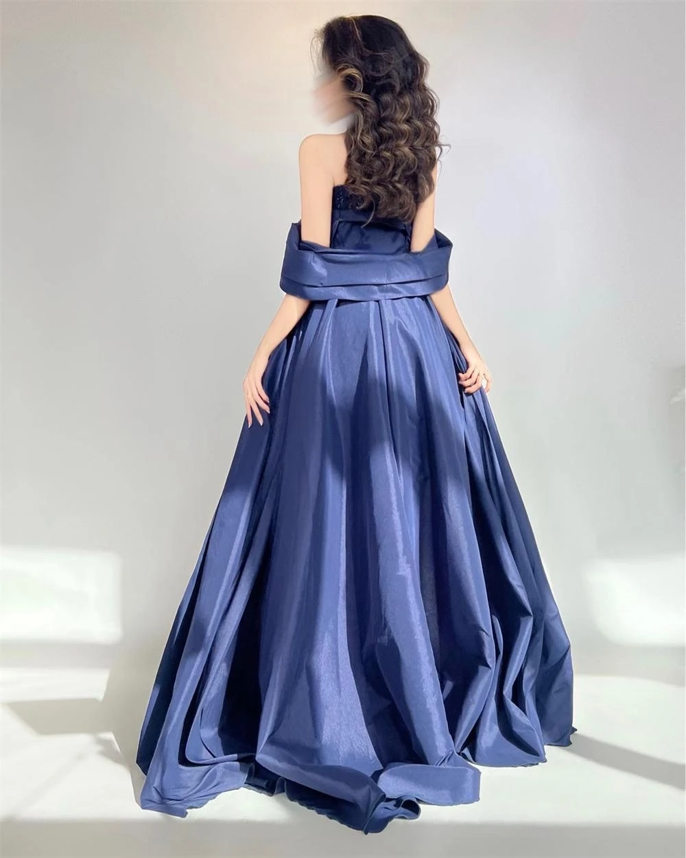 Navy Blue Sequins Satin Trumpet Evening Dresses with Train Off Shoulder Ankle-Length Formal Dress for Juniors A-Line vestidos