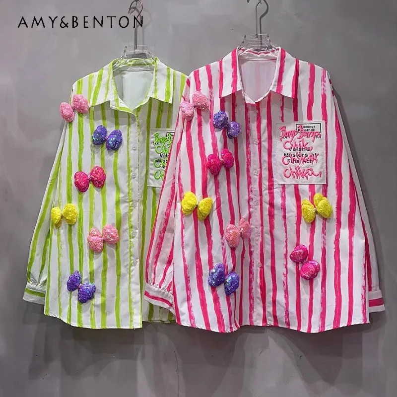 

Autumn Popular Long-sleeved Cotton Shirt Three-dimensional Flower Decoration Cute Age-reducing Casual Fashion Loose Blouse Women