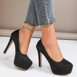 Spring Autumn Women Pumps New Shoes Sexy Slip-On Round Toe Flock 16CM Thin Heels Office Lady Office Career Women Shoes Black