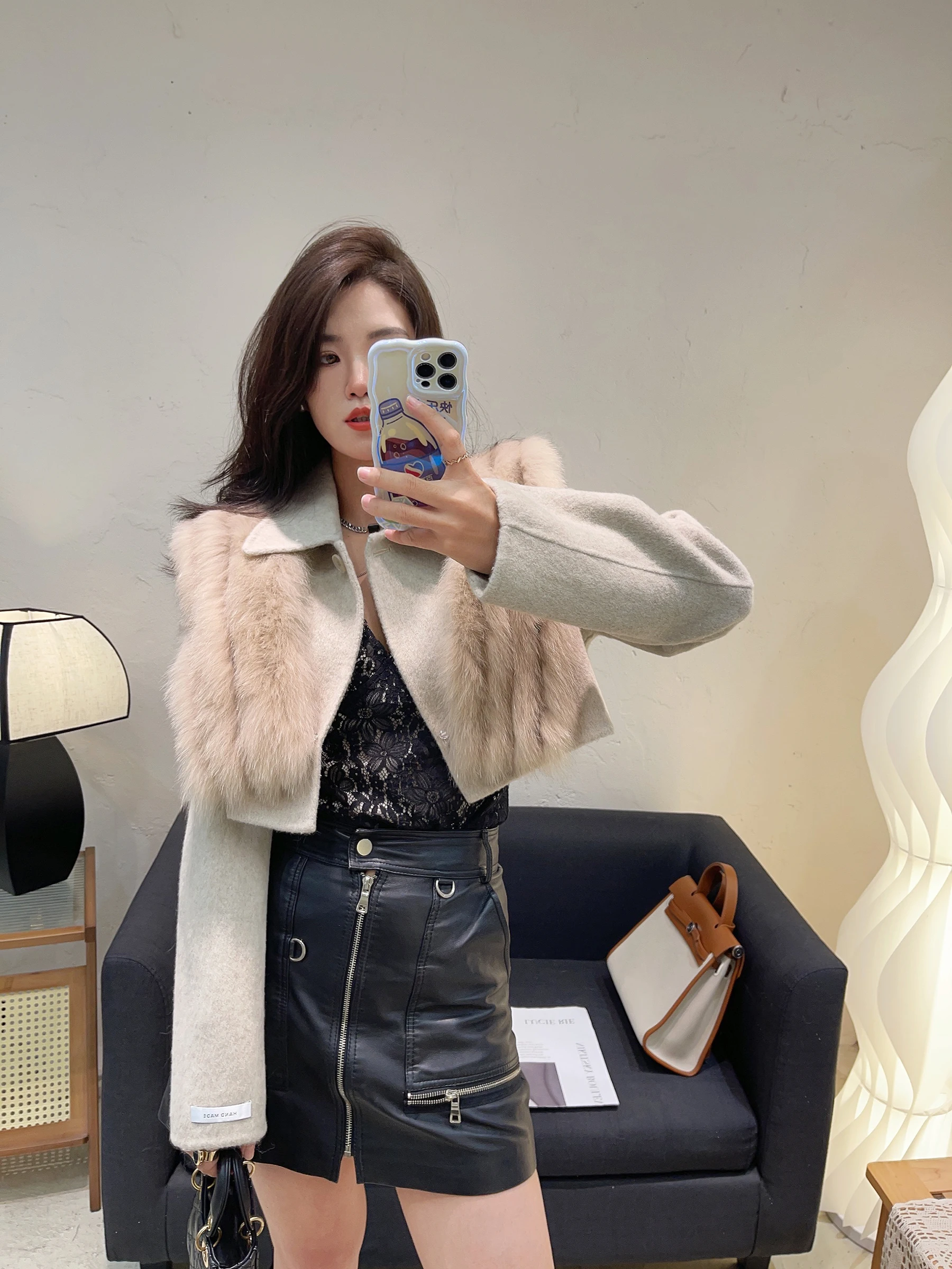 Real Fur Coat Autumn Winter Jacket Women Natural Fox Fur Collar Short  Wool Cashmere Woolen Ladies Outerwear Female Coat