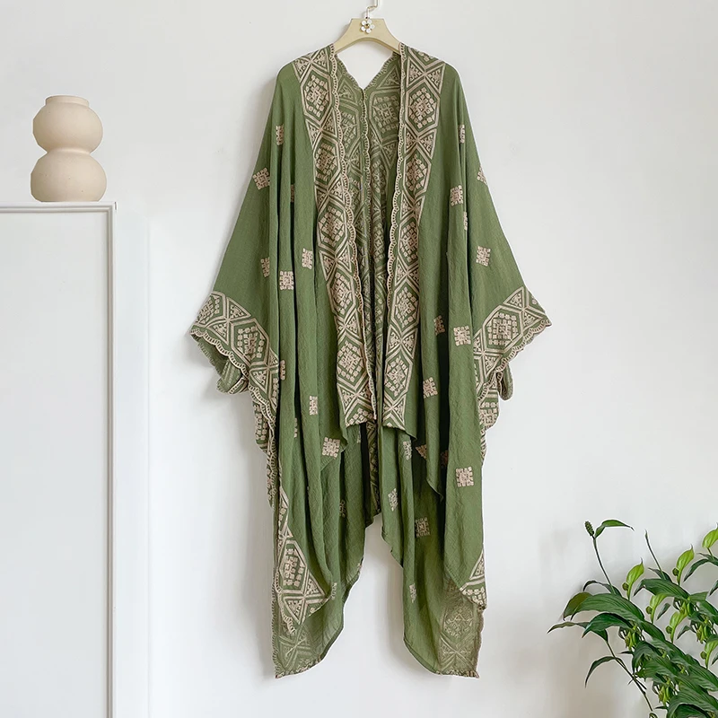 Vintage Tribal Geometric Embroidery Long Kimono, Ladies Loose Boho Beach Swim Cover Up Maxi Kaftan for Summer Vacation