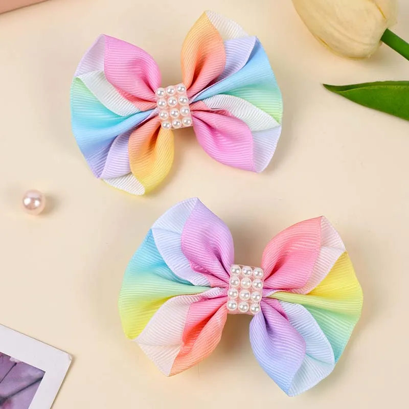 ncmama Gradient Rainbow Color Hair Bow Clips Pearl Hairpin for Kids Girls Cute Ribbon Bows Hairpins Hair Accessories Headwear