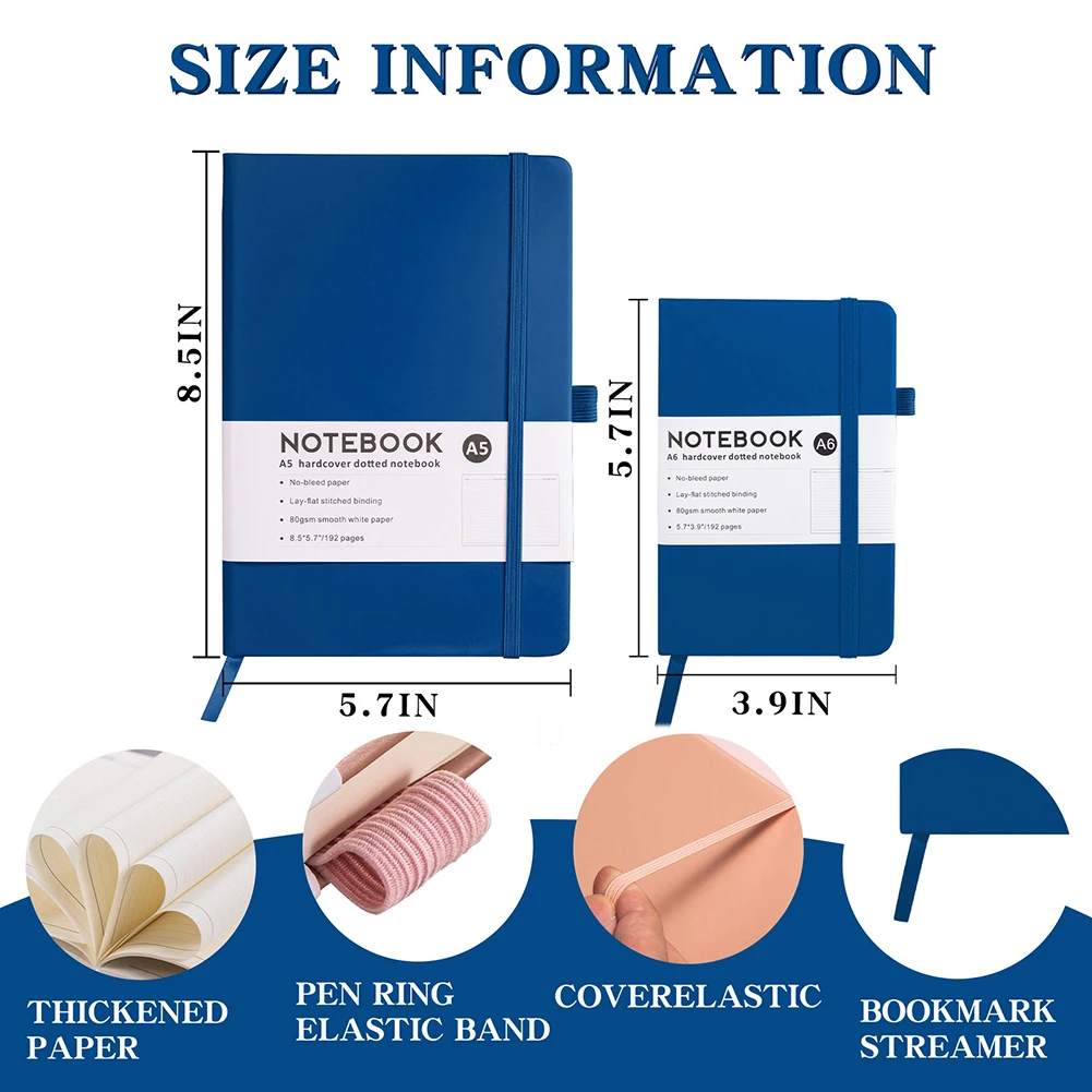 2PCS Notebook Journal 8.5"x5.7" A5 80Gsm No-Bleed Thick Paper Hardcover Notebook With Elastic Band Closure For School Office