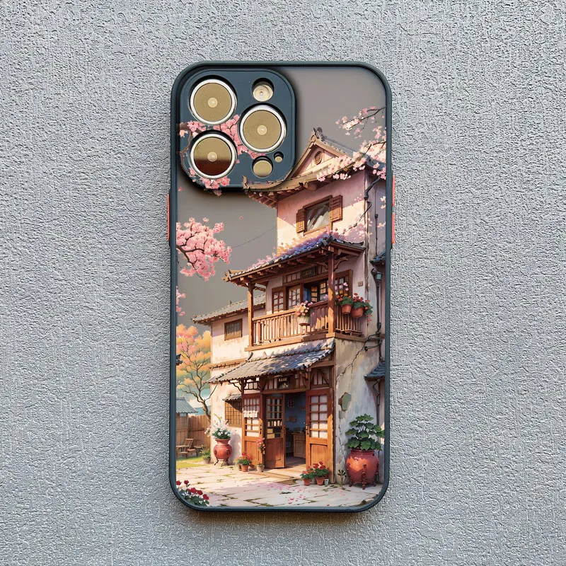 Vintage Ölgemälde Haus Handyhülle für iPhone 11 13 12 Pro MAX Mini XR XS X 17 16 15 14 Pro Max Plus Blumenhof Cover – Detail 3