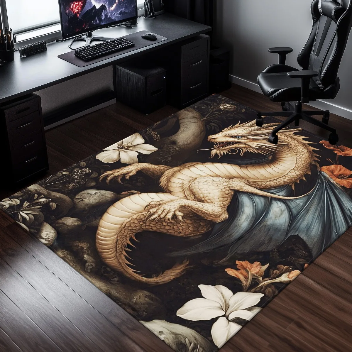 Golden Dragon Art Crystal Velvet Rug Mythical Creature Decorative Carpet for Living Room Bedroom Oriental Style Fantasy FloorMat