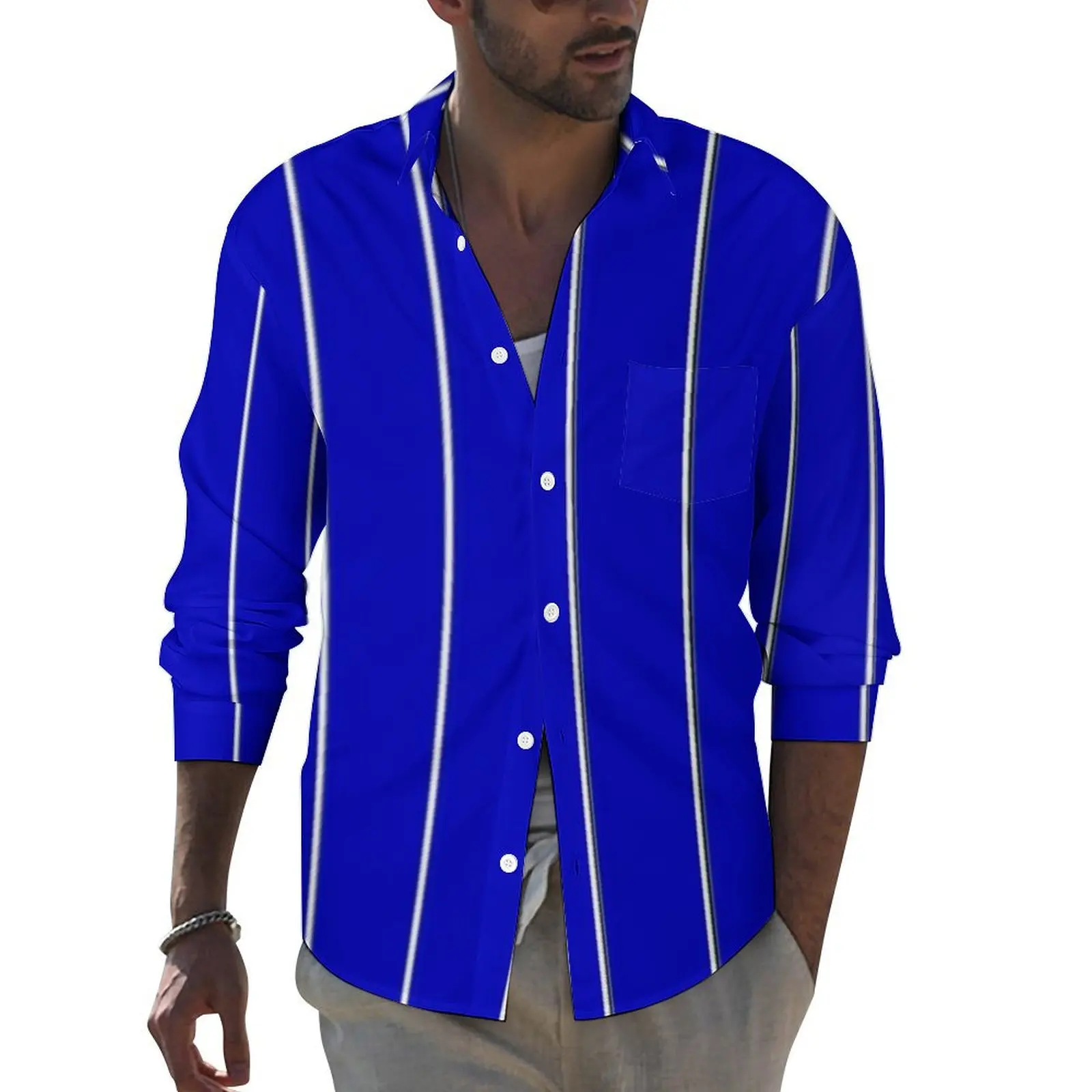 

Nautical Blue Shirt Male White Stripes Casual Shirts Autumn Funny Custom Blouses Long Sleeve Retro Oversize Top Gift Idea