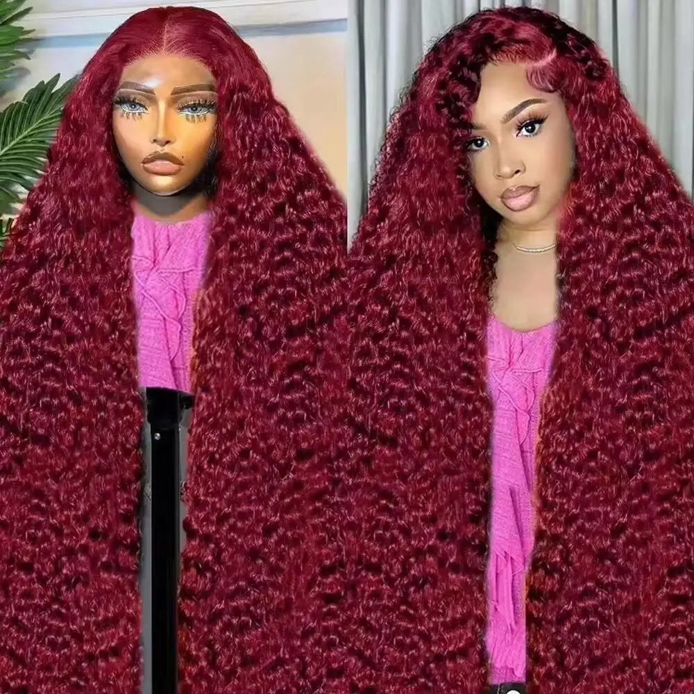 

Натуральные волосы 100%: парик с глубокой волной 13x6, кружевной фронт, для женщин, цвет 99J Бордовый, красный парик, плотность 200%