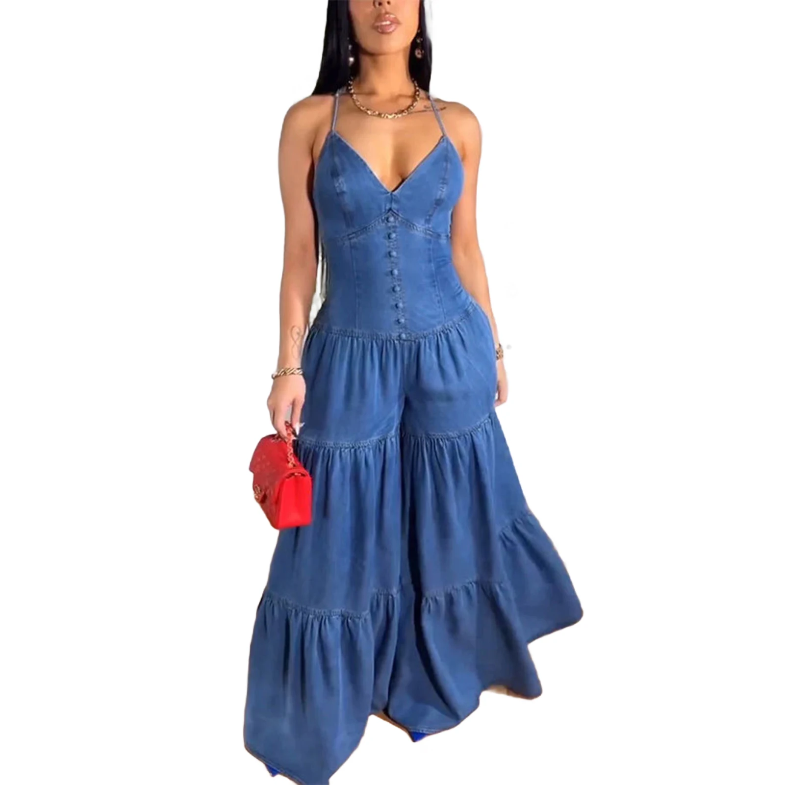 Combinaisons élégantes pour femmes, nouvelle collection printemps 2021, unie, élégante, bureau, ample, froncée, épaules dénudées, ourlet, jambes larges, salopette
