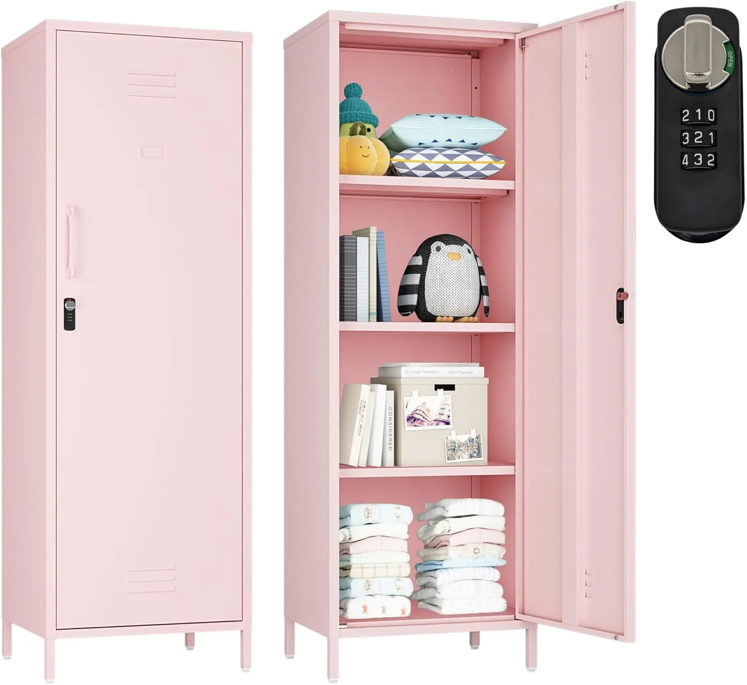 Metal Storage Cabinet, Steel File Locker With 3 Shelves 59.06-Inch High For School, Living Room, Bedroom, Office (Pink)