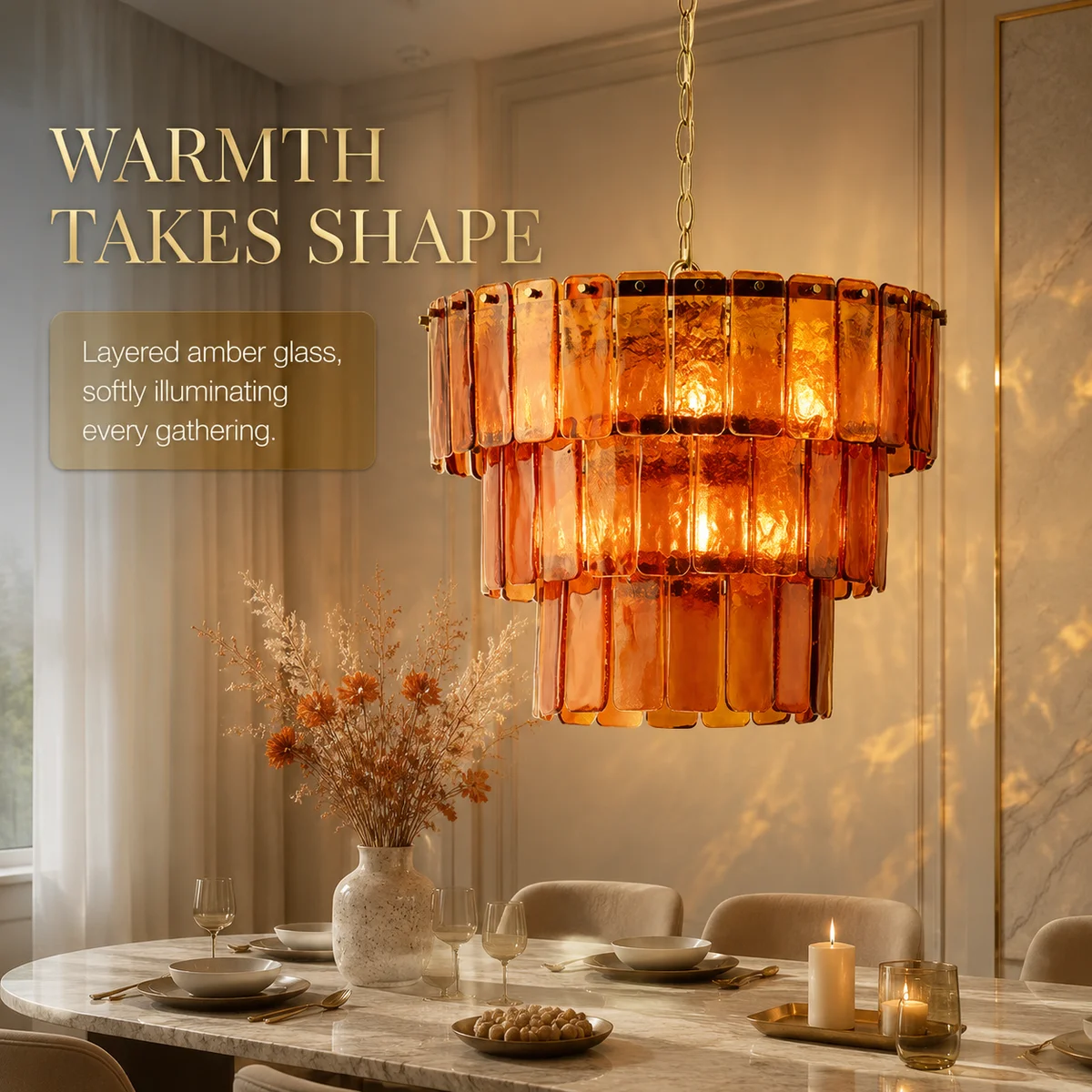 Mid Century 2026 Designer Ceiling Pendant Cognac Glass Panels 3-Tier Cascade 3-Color Dimmable Warm Amber Gold for Luxury Salon
