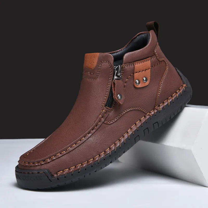 Hot Sale Large Size Men Shoes Outdoor Casual Slip On Flat Hand Stitched Leather High Top Boots