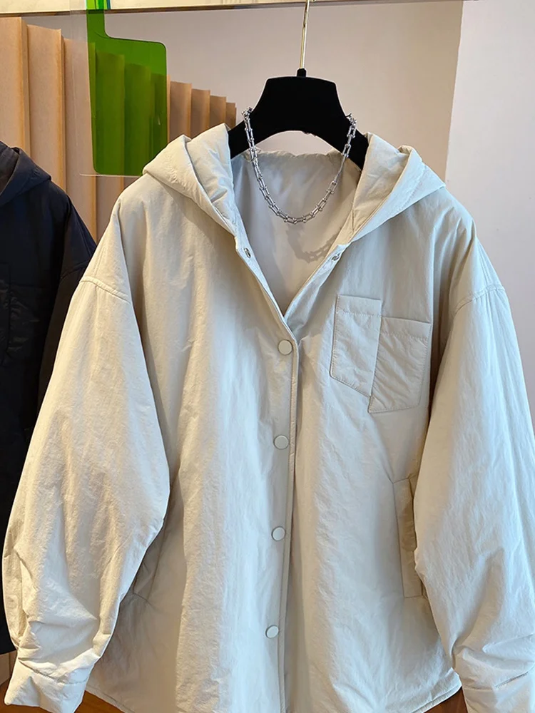 

Women's Thiened Loose down Cotton Jaet 2024 Winter Korean Sle Bread Coat Hooded Retro Sle Long Sve Button Closure
