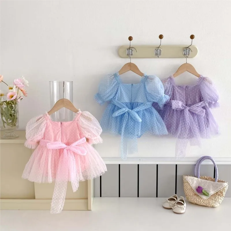 Newborn Baby Girl Cotton Dots Princess Tulle Dress Romper Infant Toddler Puff Sleeve Bow Vestido Birthday Summer Clothes 3-18M