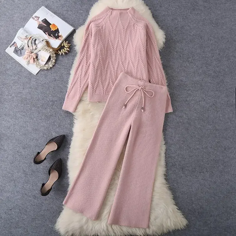 Winter Fall Knit 2 Piece Sets Half High Collar Warm Sweater Outfit Wide Leg Loose Pant Suits Solid Color Soft Korean Tracksuit