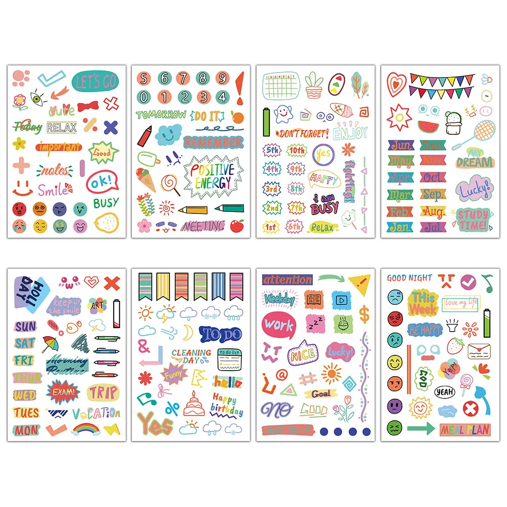8PCS Creative Hand drawn Element Plan Book Graffiti Stickers Decoration DIY Bookboard Notebook Desktop Waterproof Stickers