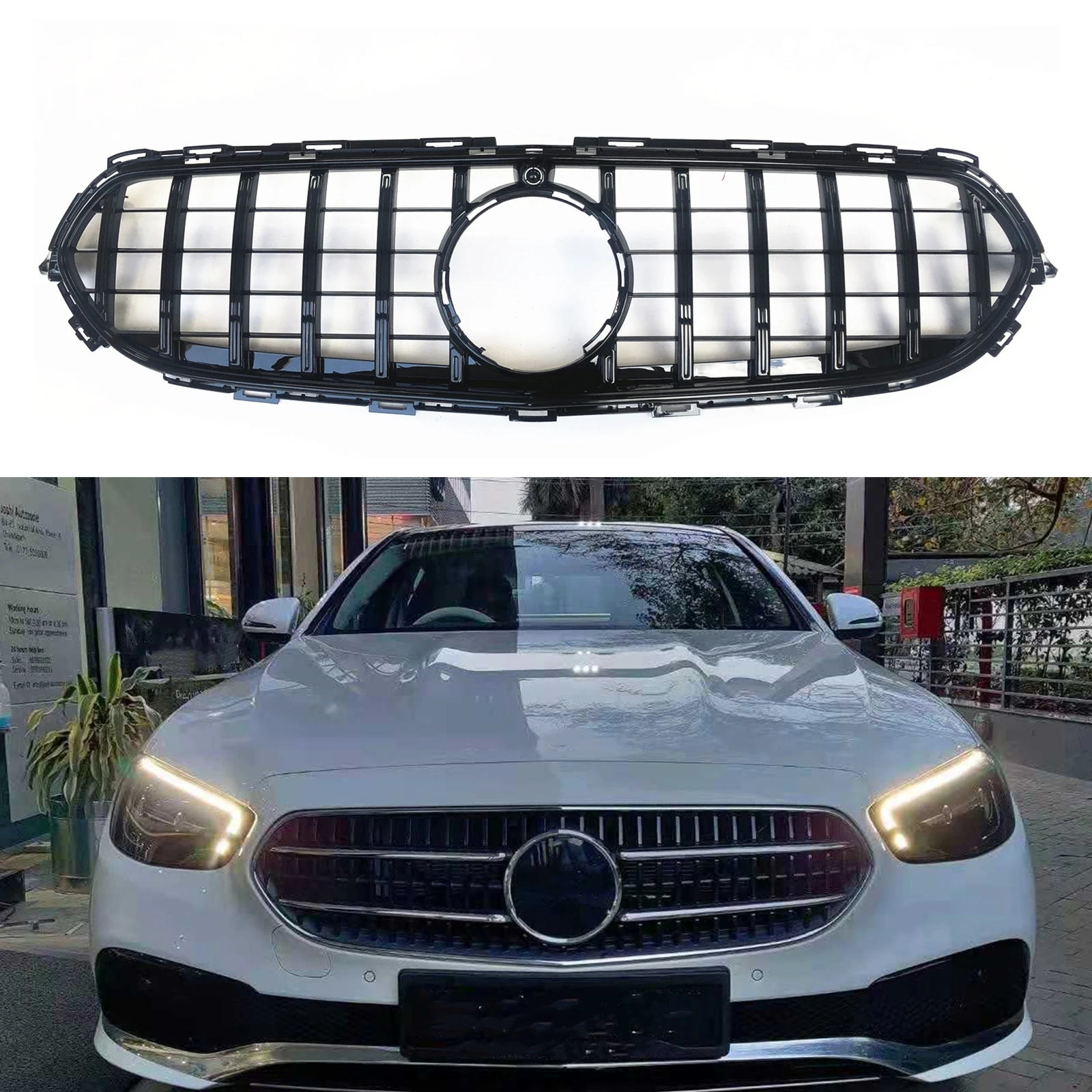 

Grille Front Racing Grill For Mercedes-Benz E-Class W213 2021 E200 GT R Style Black Car Upper Bumper Intake Hood Mesh Grid Kit