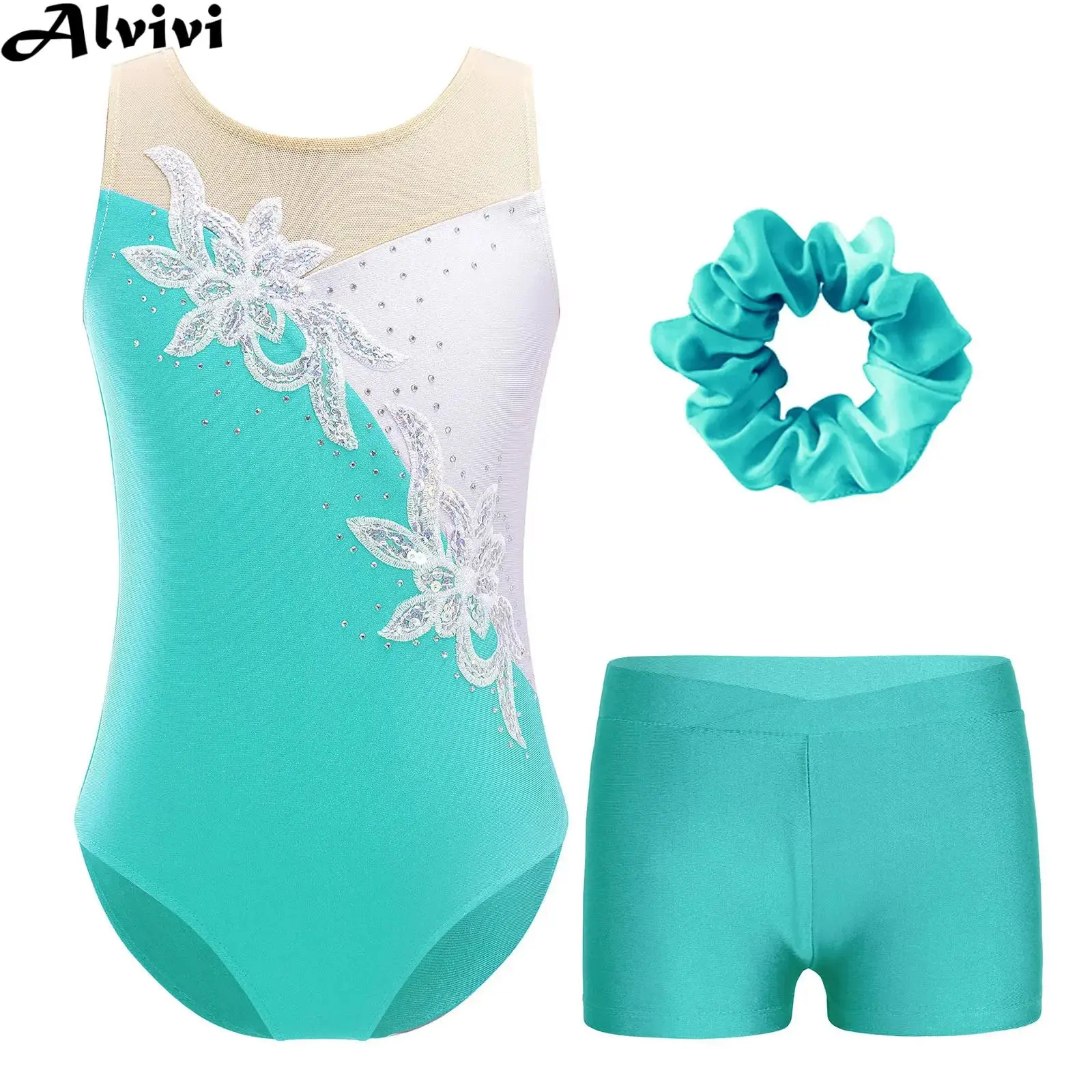 Bodysuit brilhante sem mangas com shorts e faixa de cabelo para meninas, collant para ballet e ginástica, patinação artística e ioga, desempenho acrobático